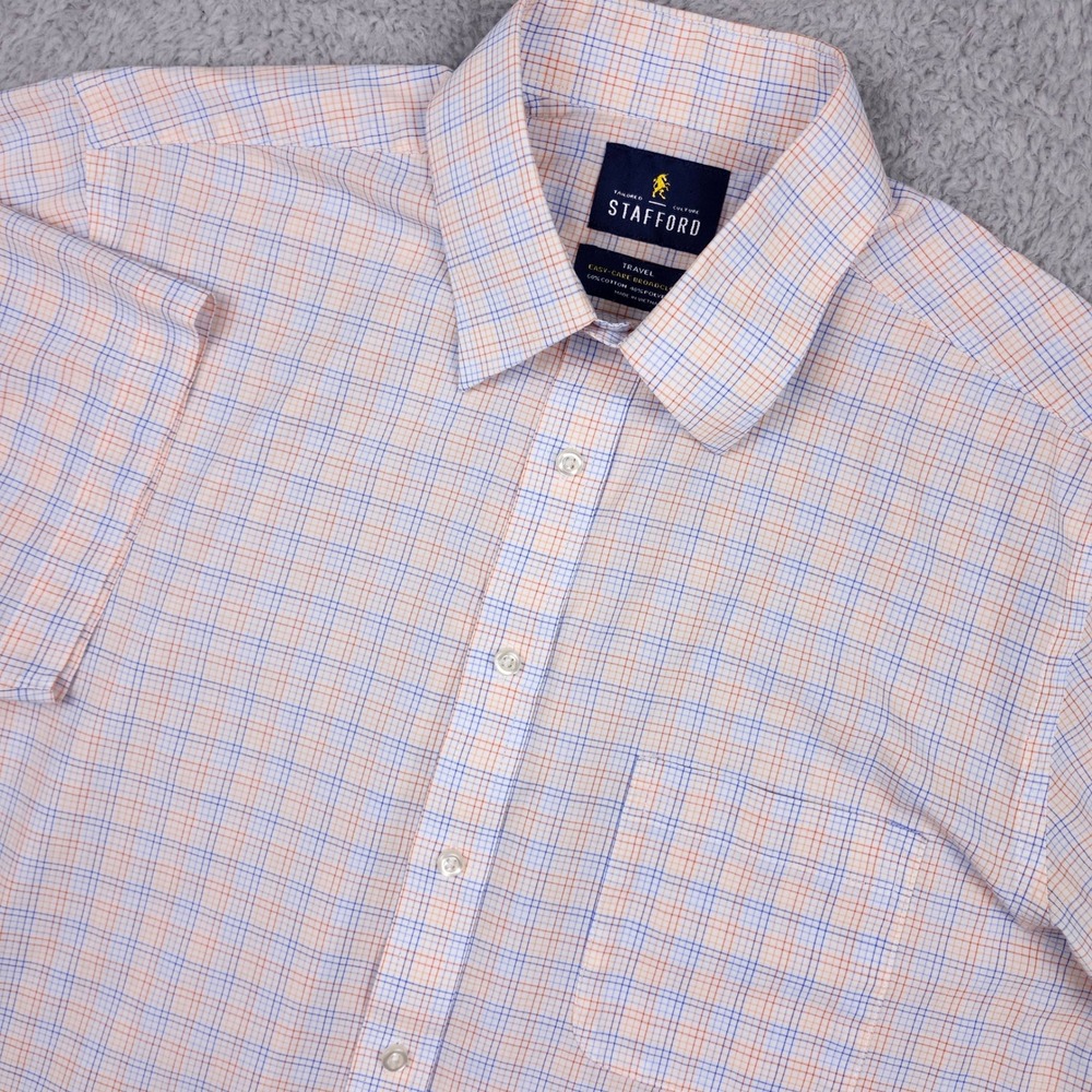 Stafford Button Down Shirt Men 15.5 Tattersall Plaid Travel Easy Care Broadcloth